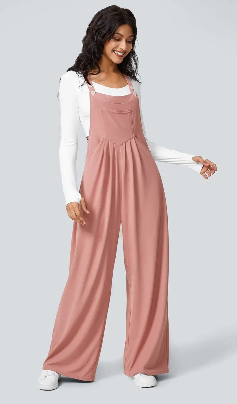Halara Pockets Waffle Wide Leg Casual Overalls Pink Size Medium